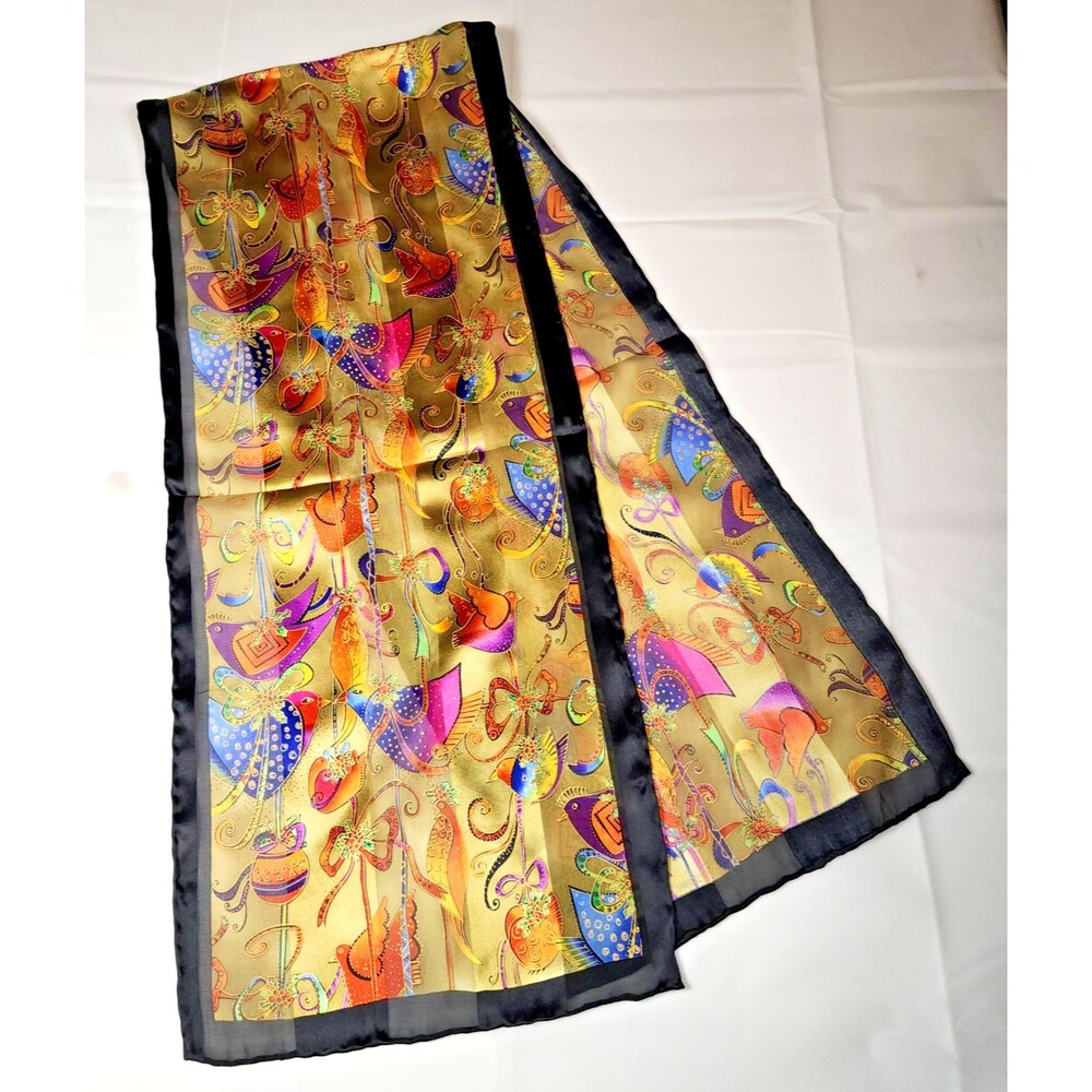 Laurel Burch Christmas Silk Scarf Holiday Birds & Ornaments 54"x12"